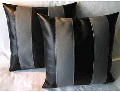 D DOLLY LAMB Lambskin Leather Pillow Cover - Sofa Cushion Case - Decorative Throw Covers for Living Room & Bedroom, 16x16 Inches - Black Grey Pack of 2