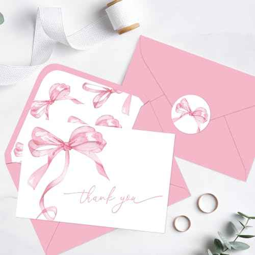 Whaline 24Pcs Pink Bow Thank You Cards with Envelopes and Stickers Watercolor Bow Greeting Cards Pink Blank Note Cards for Wedding Birthday Bachelorette Baby Shower Party Supplies