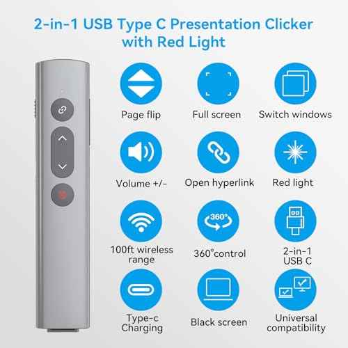 Presentation Clickers for PowerPoint Presentations, [Aluminum Alloy] + [2 in 1 USB C/A] PowerPoint Clicker with Laser Pointer Wireless Presenter PPT Slide Remote Control Computer Clicker for Mac