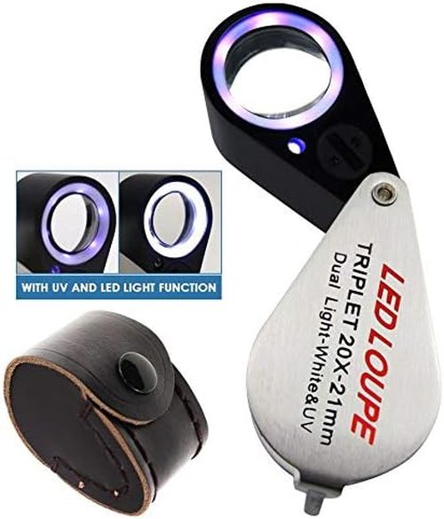 Skiennix 20x Foldable Pocket Magnifier - Illuminated Loupe with UV & LED Light for Jewelry, Coins & Antiques