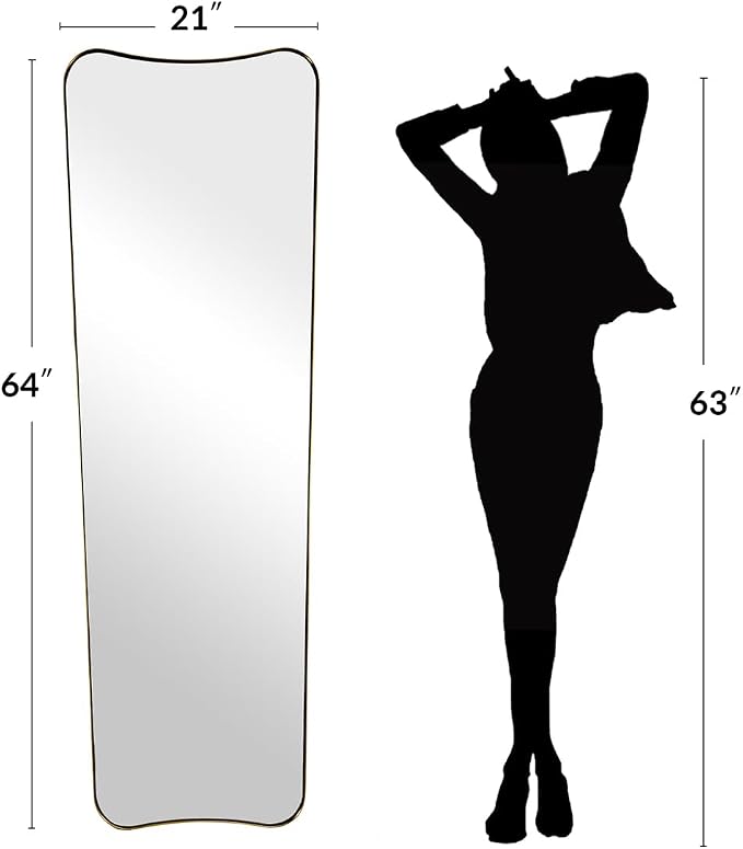 ANDY STAR Full Length Mirror 21" x 64", Gold Decorative Full Body Mirror with Stainless Steel Thin Frame, Italian Curved Edge Design, Wall Mount or Leaning for Bedroom, Cloakroom, Living Room