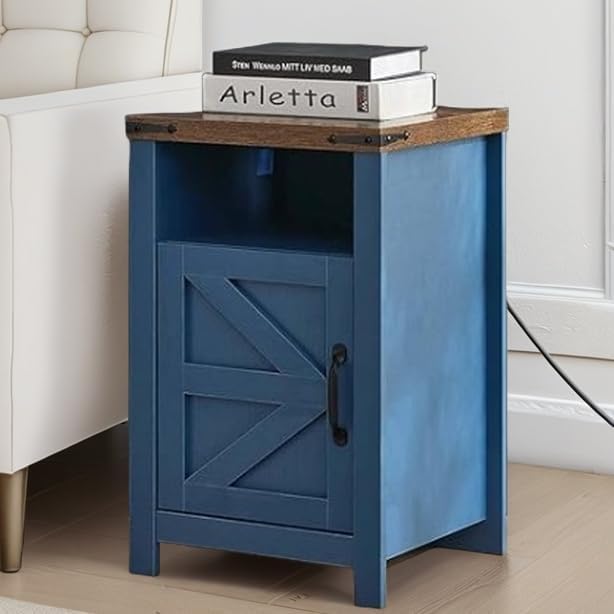 Farmhouse Living Room Table Set of 3, 2 Rustic End Table with Charging Station and 1 Sofa Table with Large Hidden Storage, Farmhouse Sofa Table Set for Living Room, Office, Blue