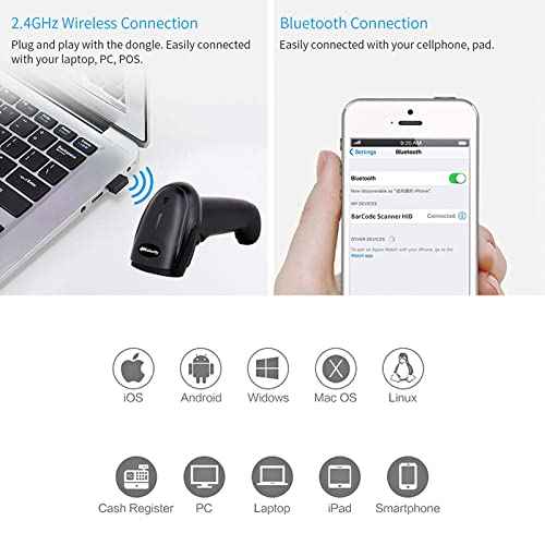 Bluetooth Barcode Scanner with Stand,Alacrity 1D Hands-Free Automatic Scanning 3-in-1 Connections Bluetooth&USB Wired&2.4GHz Wireless Barcode Reader,Work with Windows,Mac,Android,Linux,iOS