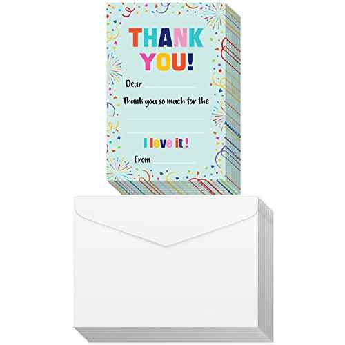 Eaasty 72 Pieces Kids Thank You Cards Fill in the Blank Thank You Notes with Envelopes Colorful Thanks Cards for Birthday Party(Confetti Style)