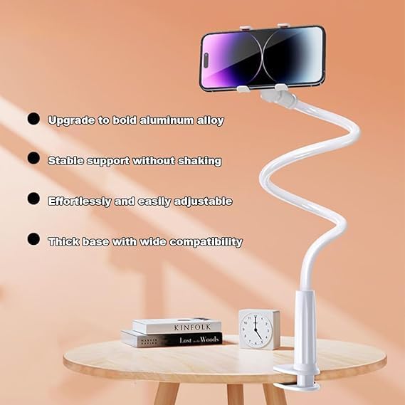 Skiennix Gooseneck Phone Holder - 360° Flexible Long Arm Stand for Bed & Desk | Universal Tablet Bracket (White)