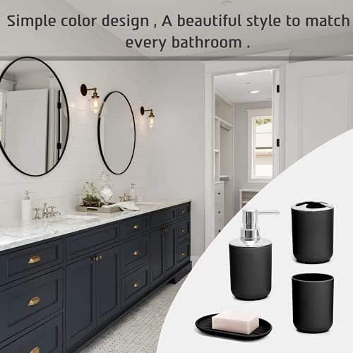 Moss & Stone 6-Piece Bathroom Accessories Set – Black Plastic Bathroom Set with Soap Dispenser, Toothbrush Holder, Cup & Soap Dish – Modern Countertop Bathroom Decor
