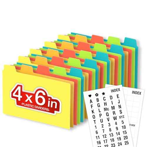 Chell 4x6 Plastic Index Card Dividers, Heavyweight Poly Index Card Guides A-Z for Flash Cards and Recipe Cards, with Alphabetical/Blank Stickers, Pack of 25