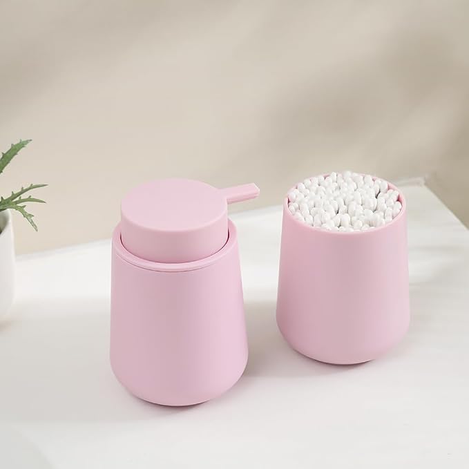 YAUKPH Matte Pink Bathroom Accessories 2 Piece Set Plastic Soap Dispenser and Toothbrush Holder for Modern Bathroom Decor