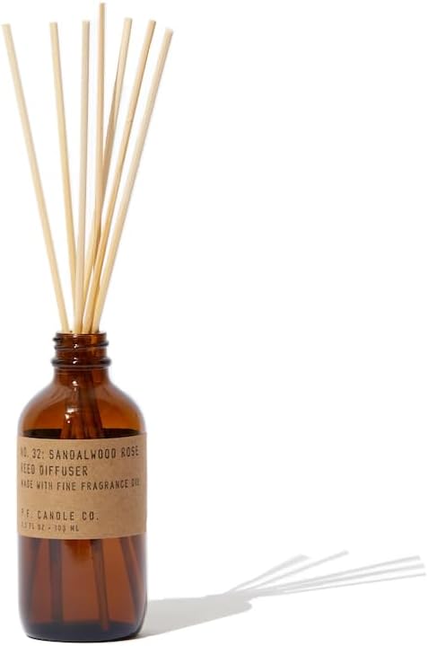 P.F. Candle Co. Classic Scented Rattan Reed Diffuser (3.5 fl oz) Amber Glass Jar, Fine Fragrance Oil, Low Maintenance Scent Throw (Sandalwood Rose, 3.5 fl oz)