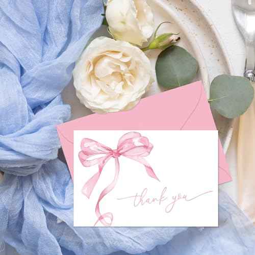 Whaline 24Pcs Pink Bow Thank You Cards with Envelopes and Stickers Watercolor Bow Greeting Cards Pink Blank Note Cards for Wedding Birthday Bachelorette Baby Shower Party Supplies