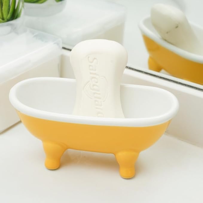 5.7" Ceramic Mini Clawfoot Bathtub Bar Soap Dish, Decorative Bar Soap Holder for Shower, Bathroom & Kitchen Sink (Yellow)