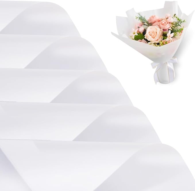 BEISHIDA 40 PCS White Floral Wrapping Paper-Matte Waterproof Flower Wrapping Paper Bouquet for Florist Supplies, DIY Crafts, Gift Packaging, Wedding, Birthday Gift