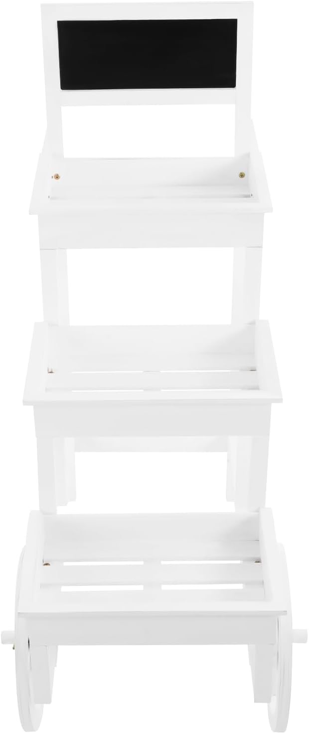 Flower Display Stand | 3-Tier Wood Flower Cart | Flower Cart Display Stand with Wheels | Ladder Shaped Plant stand | Market flower display Stand | Handle & Blackboard (White)