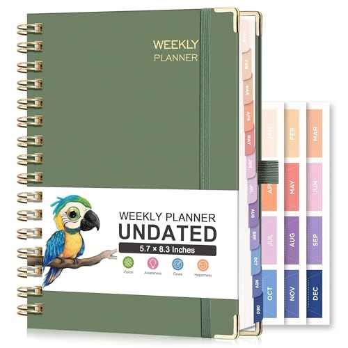 RETTACY Undated Planner, Weekly and Monthly, 53 Weeks and 12 Months, Medium Size (5.7" x 8.3"), 24 Self-adhesive Monthly Tabs, Hardcover, 100 GSM Thick Paper, Spiral-bound (Light Green)