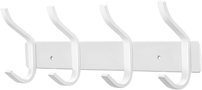 HAMUTH White Wall Hooks Heavy Duty, 12 Inch Coat Hooks Wall Mount with 4 Hooks, Wall Hooks Hangers for Entryway, Bathroom - for Hanging Backpack, Bag, Coat, Purse, Hat, Towel, Clothes