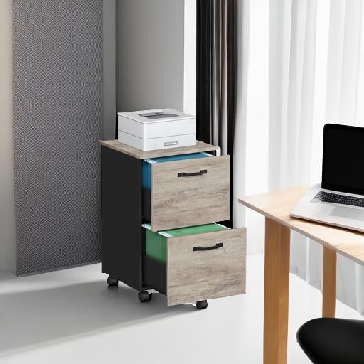 VASAGLE 2-Drawer File Cabinet - Compact Rolling Filing Cabinet for Home Office | A4 & Letter Size, Heather Greige & Ink Black, 15.7 x 16.5 x 27.6 Inches