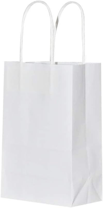 bagmad 100 Pack Sturdy Small White Kraft Paper Bags with Handles Bulk, Gift Bags 5.25x3.25x8 Inch, Craft Grocery Shopping Retail Party Favors Wedding Business Sacks (White, 100pcs)