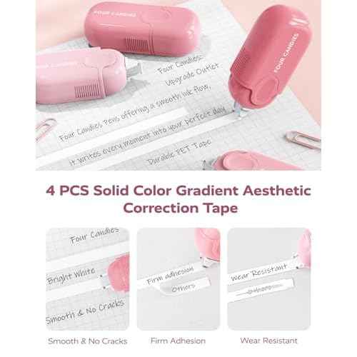 Four Candies Pink School Supplies with Case, Gel Pens with Black Ink, Correction Tapes, Pastel Highlighters, Mechanical Pencils, Sticky Notes, Index Post for Bible Study Stationary College Essentials