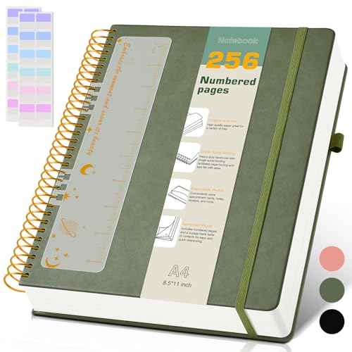 A4 Spiral Notebook Journal 8.5¡± x 11¡±, 256 Numbered Pages Hardcover Leather Journals for Women Men, Large Lined College Ruled Notebooks, 100GSM Thick Paper, Spiral Bound Journal for Work School, Green