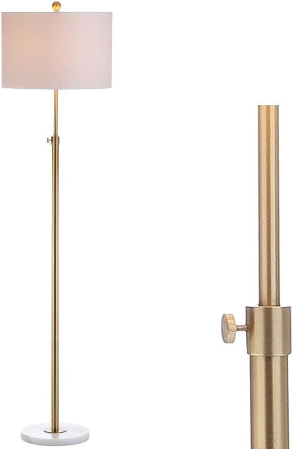 JONATHAN Y 65" Brass Gold and White Marble Adjustable LED Floor Lamp, Modern Glam Standing Light for Living Room Bedroom, White Linen Shade, Bulb Included JYL3022A