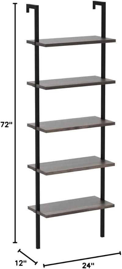 Nathan James 65501 Theo 5-Shelf Wood Modern Bookcase, Open Wall Mount Ladder Bookshelf with Industrial Metal Frame, Dark Walnut Brown/Black, Set of 2