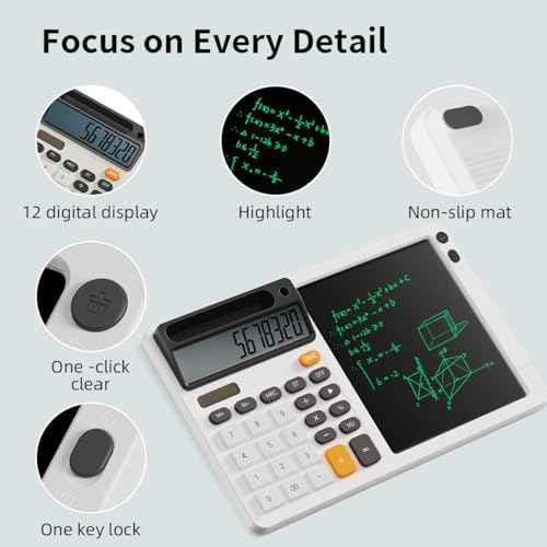 Solar Desktop Calculator with 7.5 inc LCD Writing Membrane, 15¡Æ Tilt for Easy Reading, Integrated Phone Stand, Voice & Silent Modes, Anti-Slip Pads for Stability, Ideal for Office & Study Use