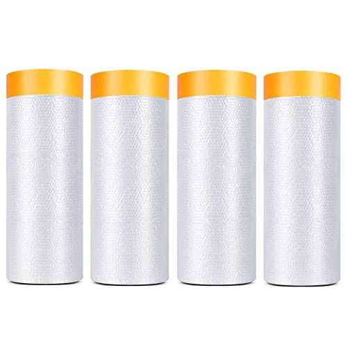 Painters Plastic With Tape, Pre-Taped Masking Film, 4 Rolls Automotive Best Tape and Drape, Paint Adhesive Protective Film Roll for Covering Skirting, Frames, Cars and Auto Body (5 X 65-Feet)