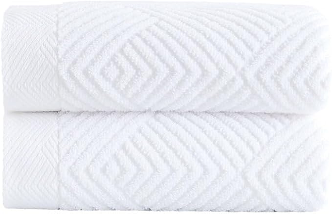 sense gnosis White Hand Towel Set of 2 Terry Striped Weave Pattern Ultra Absorbent Super Soft 100% Cotton Hand Towel for Bathroom 13 X 29 Inch
