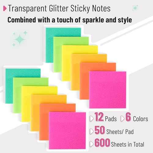 Mr. Pen- Plastic Glitter Sticky Notes, 3¡±x3¡±, 12 Pads, 600 Sheets, Vivid Palette Sticky Notes, Sticky Note, Self-Stick Note Pads