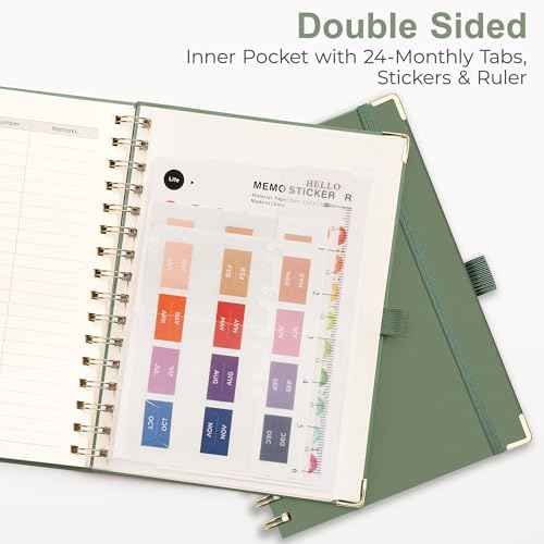 RETTACY Undated Planner, Weekly and Monthly, 53 Weeks and 12 Months, Medium Size (5.7" x 8.3"), 24 Self-adhesive Monthly Tabs, Hardcover, 100 GSM Thick Paper, Spiral-bound (Light Green)