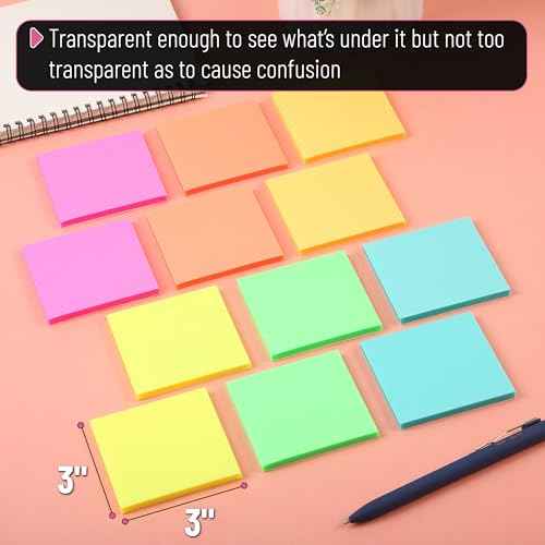 Mr. Pen- Plastic Glitter Sticky Notes, 3¡±x3¡±, 12 Pads, 600 Sheets, Vivid Palette Sticky Notes, Sticky Note, Self-Stick Note Pads