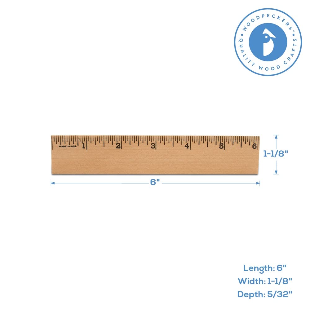 Woodpeckers 6-Inch Wooden Rulers - Pack of 5 for School, Crafts, and Educational Use