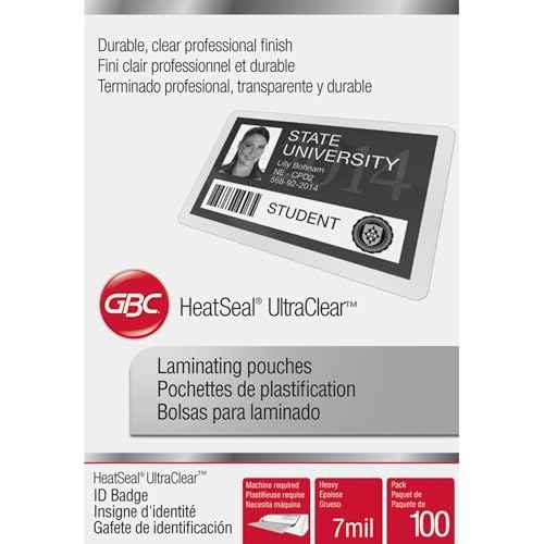 GBC Laminating Sheets, Thermal Laminating Pouches, Badge Size, 7 Mil, HeatSeal UltraClear, 100 Pack (3200016)