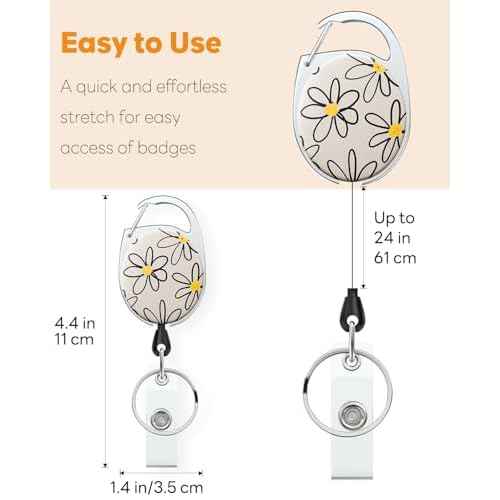 Uniclife Floral Retractable Badge Reel for Badge Holder White Flower Heavy Duty Retractable Keychain Strong ABS Casing with Stainless Steel Spring Coil 24 Inch Nylon Rope Carabiner Clip and Key Ring
