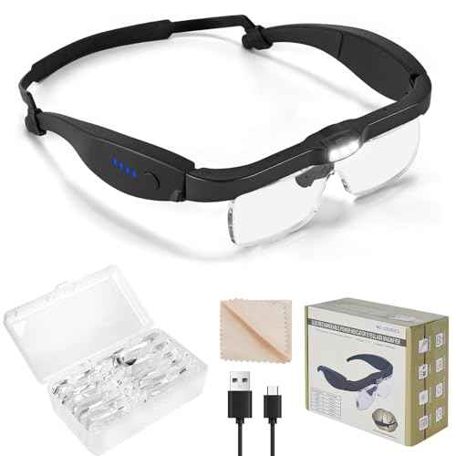 Magnifying Glasses with 3 LED Lights with Light 0.75X to 4X, Rechargeable Magnifying Glasses Head Magnifier, Lighted Magnify Glass with 5 Detachable Lenses, Magnifier Headset for Close Work