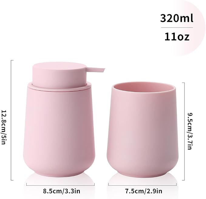 YAUKPH Matte Pink Bathroom Accessories 2 Piece Set Plastic Soap Dispenser and Toothbrush Holder for Modern Bathroom Decor