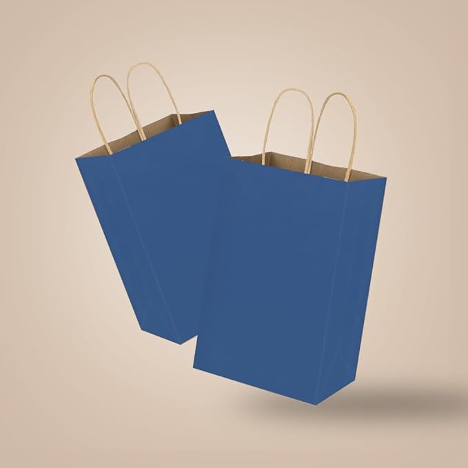 bagmad 100 Pack 5.25x3.25x8 Inch Small Blue Kraft Paper Bags with Handles Bulk, Gift Bags, Craft Grocery Shopping Retail Party Favors Wedding Sacks (Blue, 100pcs)