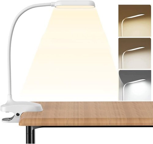 COLORLIFE Desk Lamp - 7W Rechargeable Clip-On Light with Flexible Gooseneck & Stepless Brightness for Reading, Piano, and More