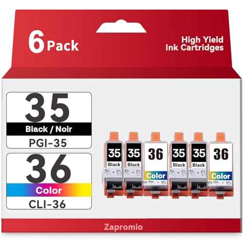 6-Pack PGI-35 CLI-36 Ink Cartridges Compatible for Canon 35 36 Ink Cartridges Combo Pack for PIXMA TR150 IP110 TR152 TR160 mini260 mini320 Printer(4xBlack, 2xTri-Color)
