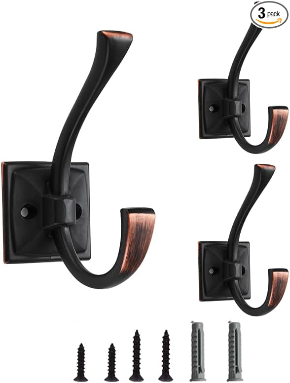 3 Pack Decorative Heavy Duty Towel Hooks for Hanging Robe Double Oil Rubbed Bronze Coat Hooks Wall Mounted with Screws for Key, Towel, Bags, Cup, Hat