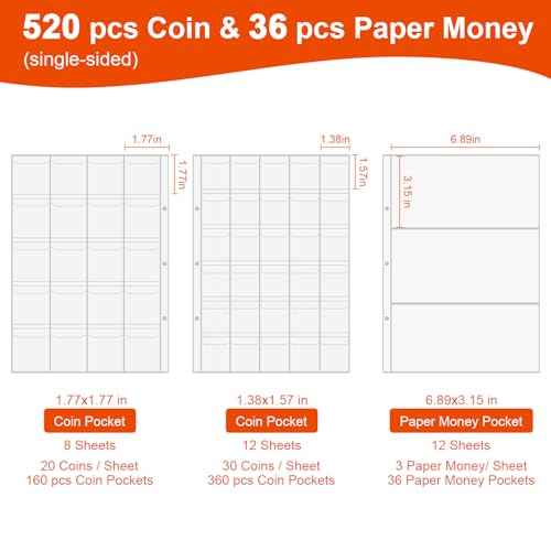 Coin Collection Book Holder for Collectors, 520 Pockets Fireproof Coins Collecting Album & 36 Sleeves Money Storage Case for Coin Currency Collection Supplies, Bill, Pennies, Quarters, Stamp