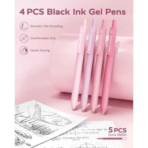 Four Candies Pink School Supplies with Case, Gel Pens with Black Ink, Correction Tapes, Pastel Highlighters, Mechanical Pencils, Sticky Notes, Index Post for Bible Study Stationary College Essentials