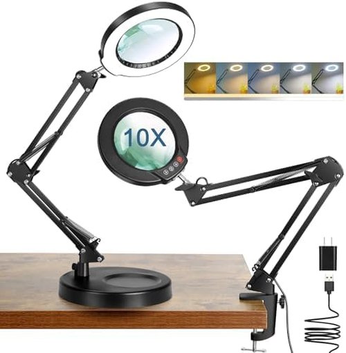 Coyeth 10X Magnifying Glass - 2-in-1 Lighted Magnifier with Adjustable Clamp & 5 Color Modes for Crafts, Reading, Sewing