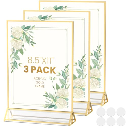 Acrylic Sign Holder 8.5X11 Gold Frames Double-Sided Gold Picture Frames Flyer Holder for Menu Holder Wedding Table Number Holder Photo Frames with Double Sided Stickers-3 Pack