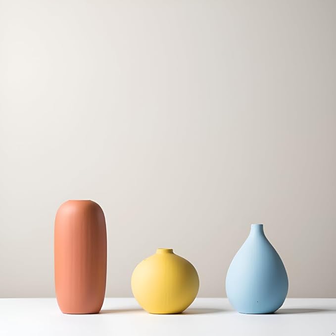 Vase Set of 3, Ceramic Matte Vases Modern Home Table Decor, for Living Room Tabletop, Bedroom, Shelf, Office Bookshelf, Entryway & Coffee Table, Creative Desktop Pieces for Minimalist