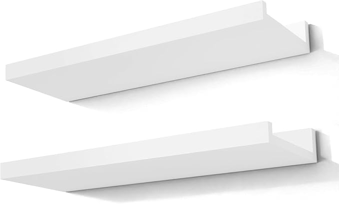 White Floating Shelves for Wall Decor, Wall Mounted Wood Storage Shelf for Bedroom, Living Room, Bathroom, Kitchen, Nursery, Display Picture Ledge Shelf with Lip Set of 2-14 Inches, White