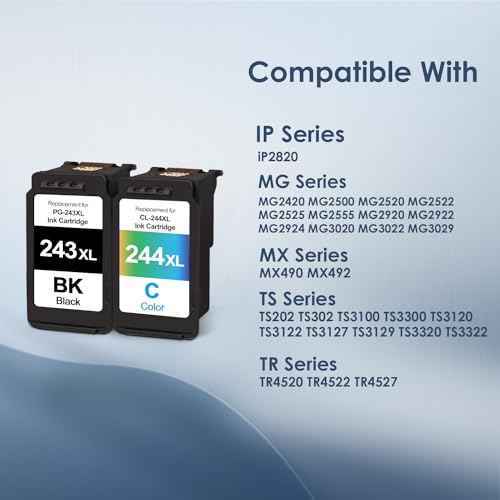 243XL and 244XL Combo Pack Ink Cartridge for Canon Printer Ink PG-243 CL-244 for Canon PG243 CL244 XL Compatible for TS3122 MX492 MG2522 MG2922 MG2420 TR4520 Printer (1 Black 1 Color)