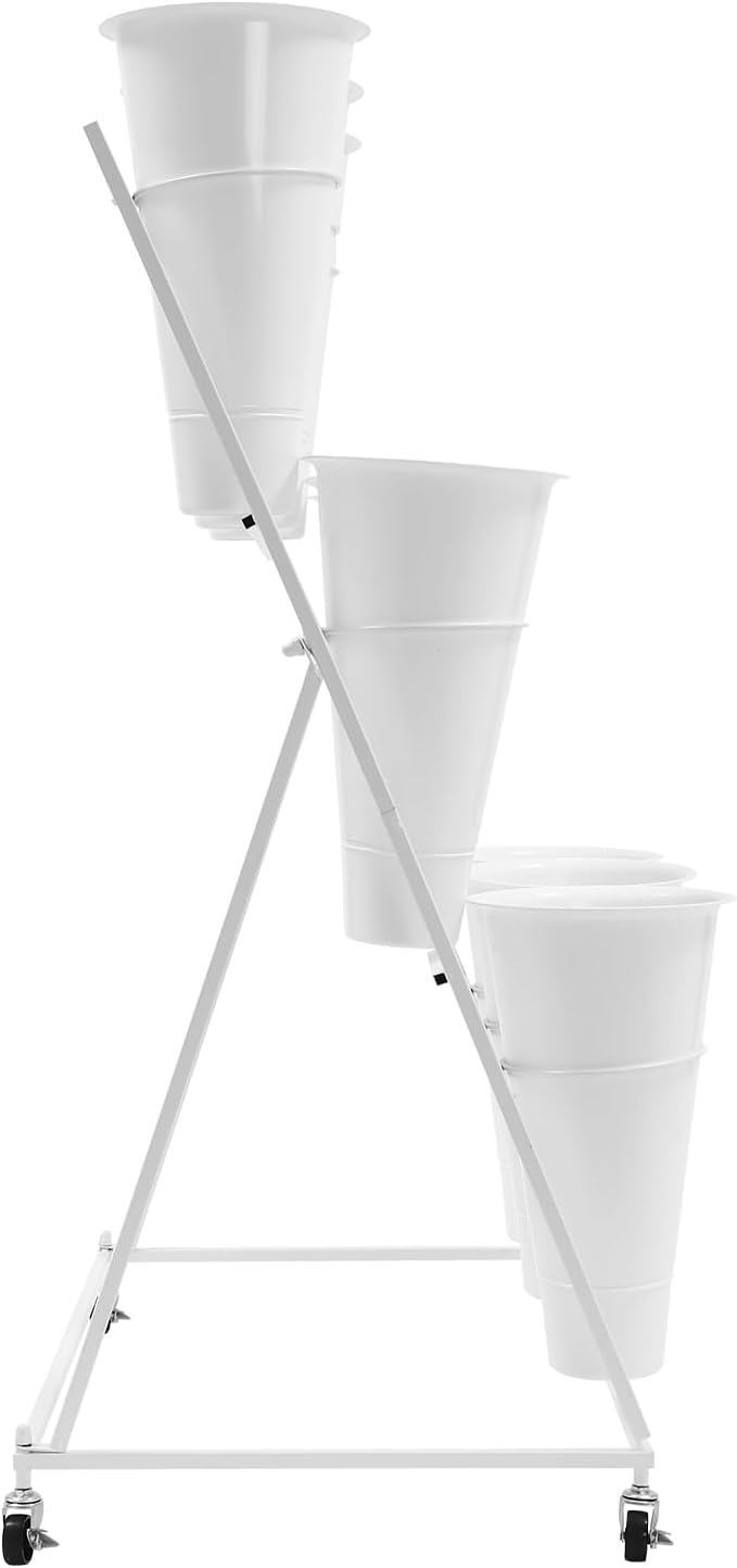 DYRABREST Flower Display Stand with Buckets, White 3 Layers Metal Plant Stand with 9 Pieces Buckets, Moving Florist Bouquet Shelf for Fresh Flower Shop, for Patio Garden, Outdoor Flower Pop-Up Events