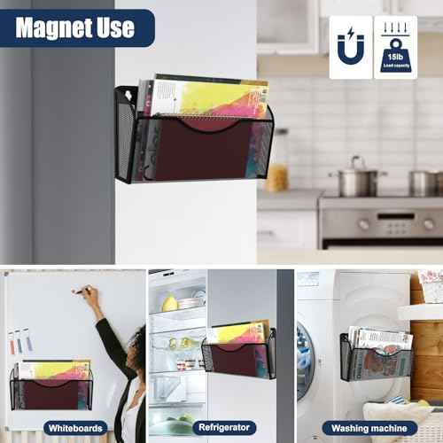 Magnetic File Holder 2 Pockets File Folder Organizer, Office Hanging Magazine Rack for Refrigerator, White Board, No Drilling Paper Document Holder Mail Organizer for File Cabinets