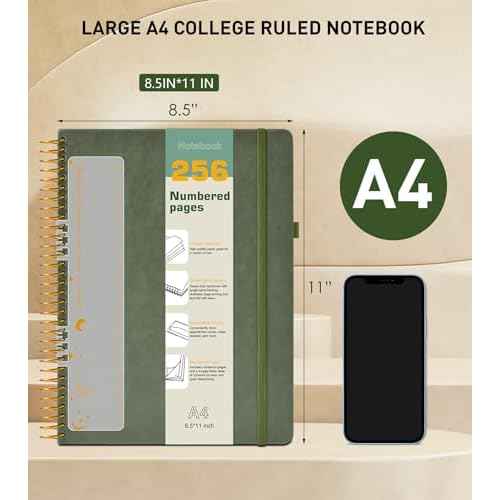 A4 Spiral Notebook Journal 8.5¡± x 11¡±, 256 Numbered Pages Hardcover Leather Journals for Women Men, Large Lined College Ruled Notebooks, 100GSM Thick Paper, Spiral Bound Journal for Work School, Green